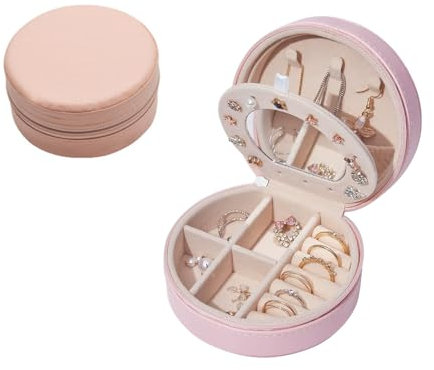 WSeltrium Boîte à Bijoux de Voyage en Cuir PU, Organisateur Portable pour Bagues, Colliers et Bracelets with handle, Rose Foncé