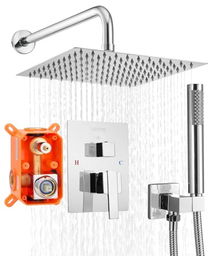 VEVOR Set Doccia, Sistema Doccia a Pioggia per Bagno con Soffione Quadrato da 25,4 cm e Doccetta, Accessori per Vasca da Parete con Valvola in Ottone e Kit di Finitura, Argento Cromato