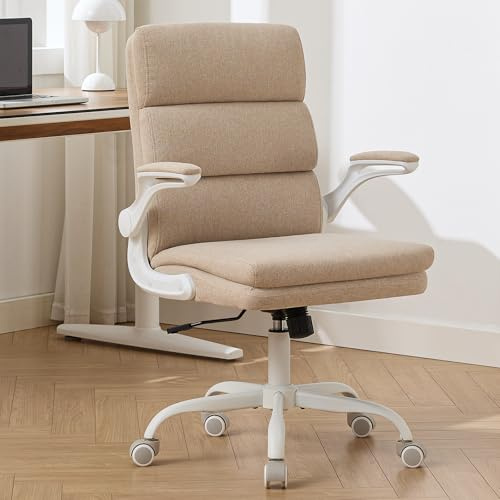 LukkDys Ergonomic Office Chair with 3-Stage Back Support, Executive Fabric Desk Chair with Flip-up Armrests, Adjustable Height & Swivel Computer Chair for Home Office, Beige