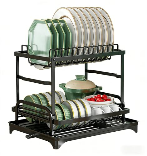 MIMOCASA Escurreplatos sobre Fregadero, Escurreplatos Acero Inoxidable de 2 Niveles Gran, Escurridor de Platos con Desagüe, Negro