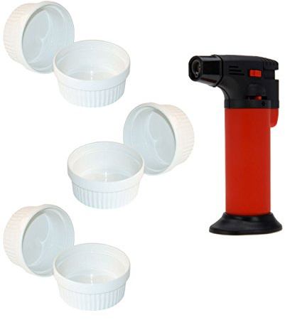 ToCi Moldes para soufflé, juego de 7 piezas de 11 cm de diámetro, 6 cuencos para crema brulee, 1 dispositivo para flambear, moldes de cerámica para horno de 260 ml cada uno, cuencos de postre para chocolate Ragout Fin