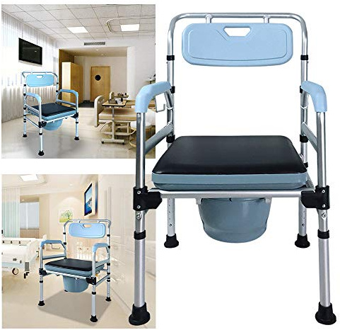 Froadp Silla de baño con reposabrazos y respaldo, altura regulable, silla de inodoro de aluminio con cubo, portátil, antideslizante, con tabla de asiento reversible, capacidad de carga de hasta 200 kg