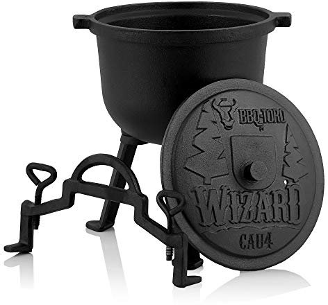 BBQ-Toro Wizard Cauldron | Pentola di cottura in ghisa | Pentola in ghisa con tre gambe, coperchio, staffa e viti di bloccaggio | Calderone per streghe (4 litro)