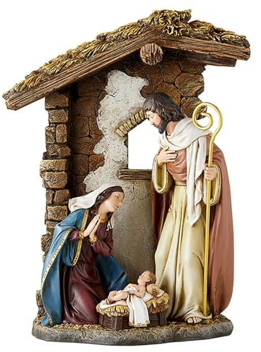 Avalon Gallery Sculture del presepe - Statuetta natalizia in resina di Giuseppe, Maria e Gesù, alta 25,4 cm, stalla di Betlemme