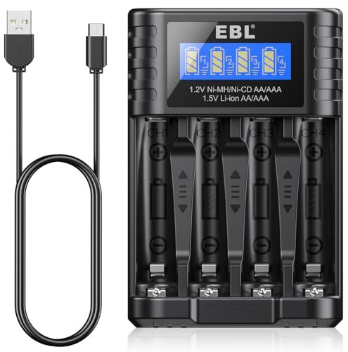 EBL 4 slot con caricatore a display LCD per batterie Ni-MH AA/AAA da 1,2 V e batterie AA/AAA da 1,5 V,lunga durata della batteria per la pace della mente