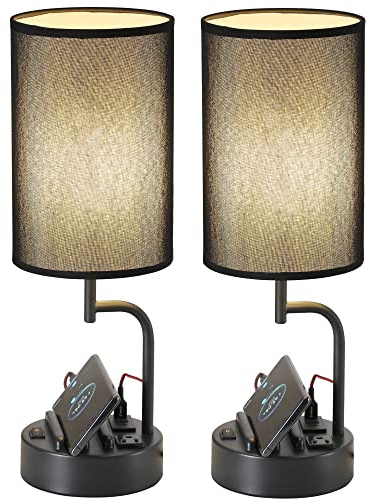 Dreamholder Table Lamp with 3 USB Charging Ports, Modern Desk Lamp with AC Outlet and Phone Stands, Perfect Bedside Lamp for Bedroom, Living Room, Office (Pack of 2), Black