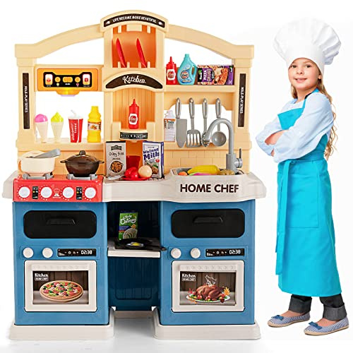 COSTWAY 42 Pcs Cuisine Enfants avec Effets de Vapeur & d'Ebullition, Jeux de Cuisine Enfants avec Lumières et Sons Réalistes, Jouet d’Imitation pour Enfants de 3 Ans+, 64,5 x 24 x 83 cm (Bleu.)