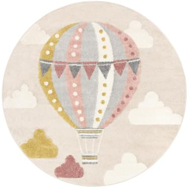 RugVista Balloon Ride Barnmatta, Ø 150 cm, Beige/Rosa | Moderna, Barn, Rund, Medellång lugg, Endast kemtvätt, Oeko-Tex 100, Utan farliga kemikalier, Barnkammare