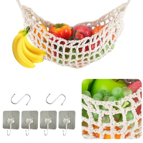 SHAIDOJIO Hamac à fruits en macramé, tissé à la main, avec 4 crochets, 2 crochets de rangement pour bananes, légumes, fruits bohème, pour cuisine, camping-car, maison
