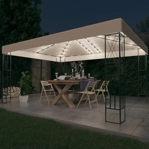 Homgoday Pavillon mit LED-Lichterkette Gartenpavillon Gartenzelt Festzelt Bierzelt Partyzelt UV Schutz Gartenzelt für Event, Party, Garten, Terraza 3x4 m Creme Stoff
