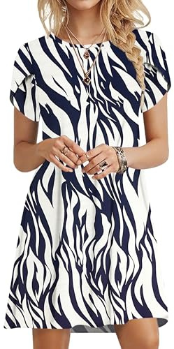 PLOKNRD Summer Dresses for Women UK Elegant Petal Short Sleeve T-Shirt Dress Crew Neck Casual Loose Swing Holiday Beach Dress with Pockets(Leaf Navy White,M)