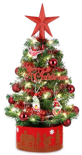 LEAZZLE Mini albero di Natale,albero di Natale artificiale 60cm con luci a LED,Albero di Natale Artificiale Tavolo con Stella Palline di Natale,Albero di Natale Piccolo per Casa,Tavola e Soggiorno