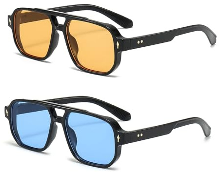 YAMEIZE Lunettes de Soleil Retro Pilot Double Bridge - Rectangle pour Femmes Hommes Lunettes Vintage Carrées de Style Classique avec Protection UV400 pour la Conduite à l'extérieur