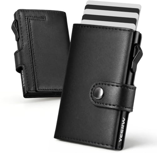 YESIIW Slim Wallet Pop-up Card Case for 9 Cards, Card Wallet with RFID Protection, Men's Wallet with XL Coin Compartment (Shiny Black, XL Coin Compartment), 004-Black, Magnetisch Münzfach, Minimalist