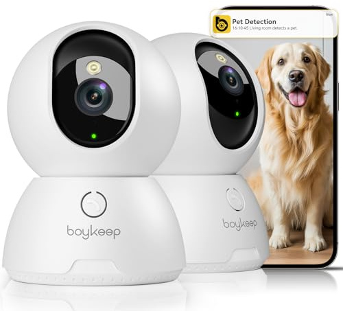 BoyKeep 2K Surveillance Cameras for Home Security, 2-Pack Indoor Camera with Night Vision, Pet Camera Indoor with App, Motion Detection, 2-Way Audio, Cloud/SD Card Storage, Compatible with Alexa