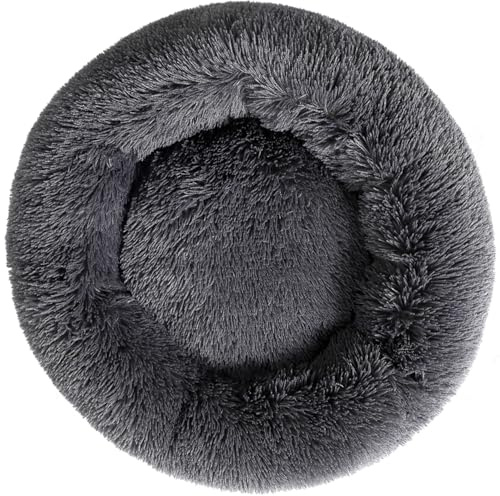 Plush Donut Cat Bed Puppy Couch With Non-Slip Bottom Dog Beds, Dark Grey | Round Plush Pet Bed Warm Kitten Nest Washable Puppy Bed for Small Pets Up to 4Kg