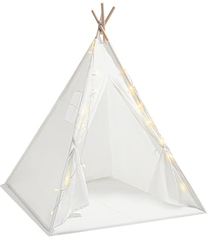 Tipi - Tienda de campaña infantil con alfombrilla, guirnalda de luces, 120 x 120 x 140 cm, para niños y niñas, color blanco