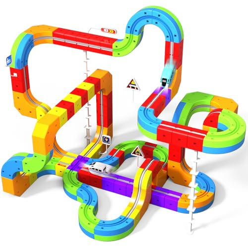 Goody King Tren Eléctrico Juguete Niños 110 Piezas - 3D Vía Magnética con Señales de Tráfico - DIY Pistas de Cubos Magnéticos Incluye Trenes, Creativo Juego de Construcción Regalo para Niños 4-12 Años