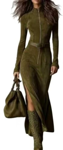 Vestido largo vintage marrón con cremallera y cinturón para mujer, de ante sintético, con abertura lateral alta, media cremallera, elegante vestido ajustado, verde (Military Green), XXL