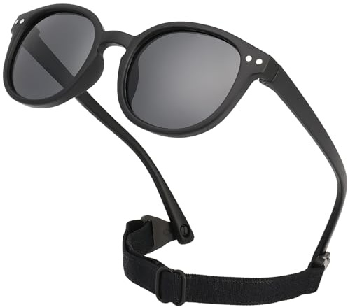 LOJUDI Lunettes de Soleil Bebe 0-24 Mois avec Cordon Polarisées Monture Souple Lunette Soleil Bebe 0 a 2 Ans Fille Garçon avec Protection UV400 & sans BPA - Noir/Noir