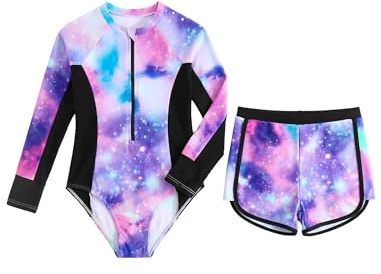 JiAmy Conjunto de traje de baño de dos piezas para niñas, protección solar UV, camiseta de manga larga con pantalones cortos, estampado de teñido anudado para adolescentes de 7 a 12 años, Cielo