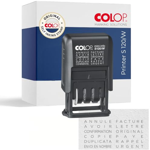 Tampon à bande de texte COLOP | S120/W | Noir | 12 textes | Tampon auto-encreur avec encre noire intégrée et bande de 12 textes. Idéal pour les fournitures de bureau.