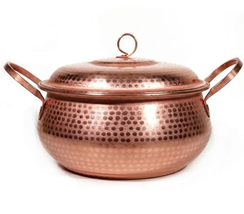 Pentola Artigianale in Rame Puro da 34 cm con Coperchio - Finitura Martellata, Adatta a Piani Cottura a induzione, cucine, Campeggio e Sale da Pranzo - Manico in Ottone, Perfetta per zuppe e