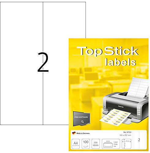 TopStick 8723 universella etiketter A4 stora (105 x 297 mm, 100 ark, papper, matt) självhäftande, utskrivbara, permanenta adressetiketter, 200 klistermärken, vit