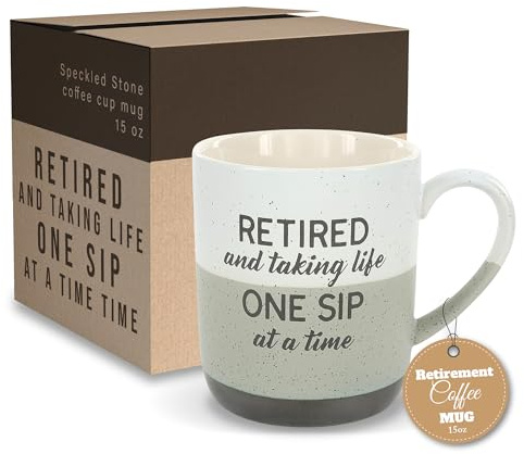 Pavilion Retirement Coffee Mug - Retired & Taking Life One Sip at a Time Text Design - Speckled Stoneware Coffee Cup for Retirees, Microwave & Dishwasher Safe, Beige w/ Bronze Metallic Bottom, 15 oz