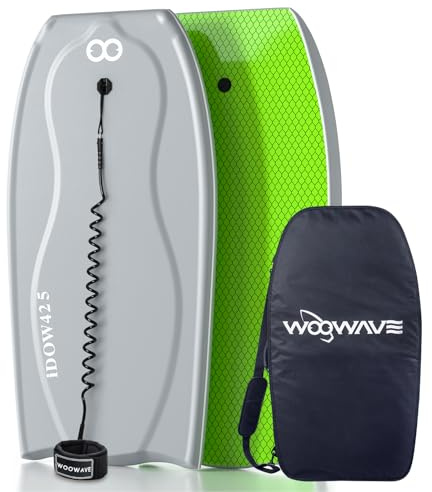 WOOWAVE Bodyboard 42.5 inch Includes Premium Body Board Bag and Coiled Wrist Leash, Pro Performance Body Board for Kids Adults - PE Core, IXPE Foam Deck, HDPE Slick Bottom, FRP Stringers (Gray)