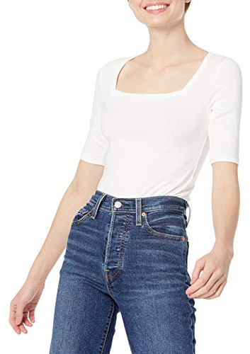 Amazon Essentials Women's Slim-Fit Half Sleeve Square Neck Summer T-Shirt, Bright White, Large