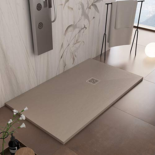Essence ArredoBagno Plato de ducha de resina 80 x 70 cm – Efecto piedra antideslizante con Gelcoat – Modelo Rome Moka – Rejilla y desagüe incluidos