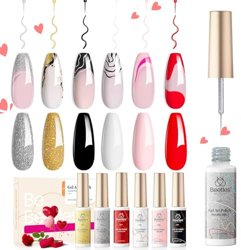 Beetles Gel Nail Polish Set - 6 Colors Art Liner With Built-in Brush, Black White Red Gold Silver Glitters for Manicure, Soak Off