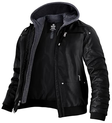 Wantdo Abrigo Piel Negro Capucha Negra Abrigo con Capucha Cazadora Primavera Men Jacket Winter Negro(Fina) M