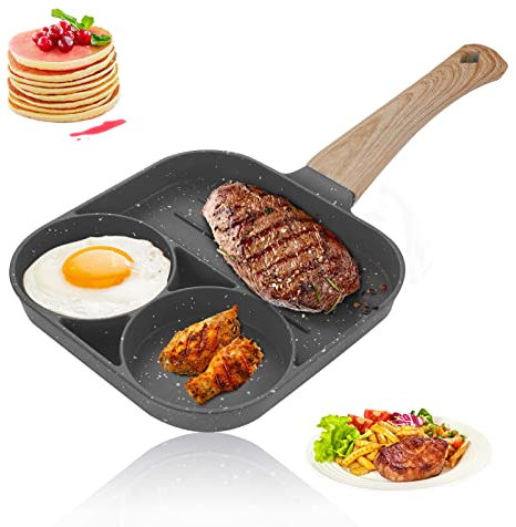 RANJIMA Poêle à Frire 3 Trous, Poêle à Pancakes, Poêle Antiadhésive Multifonction en Aluminium, Poêle à Crêpes Oeuf les œufs au Plat, Crêpes, Steaks, Bacon, pour Cuisinière Induction, Cuisinière à Gaz