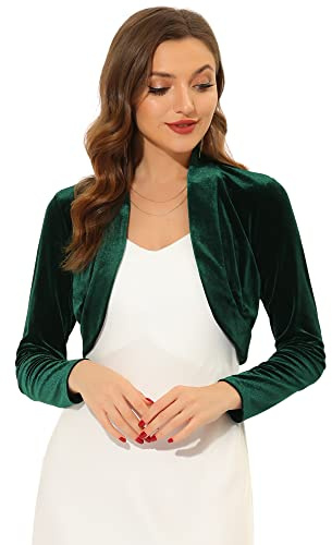 Allegra K Women's Long Sleeve Velvet Shrug Cocktail Party Open Front Cropped Bolero Cardigan Top X-Small Dark Green