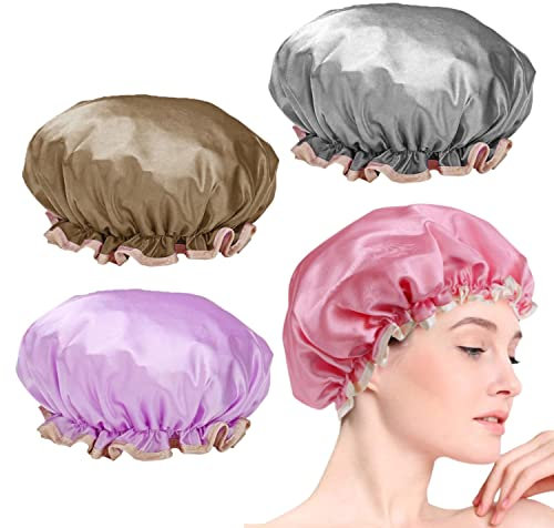 WUBAYI 4 pezzi Doppia cuffia da doccia con elastico riutilizzabile impermeabile per uomini e donne, adatta a tutti i tipi di capelli con bordo arricciato per coprire le orecchie