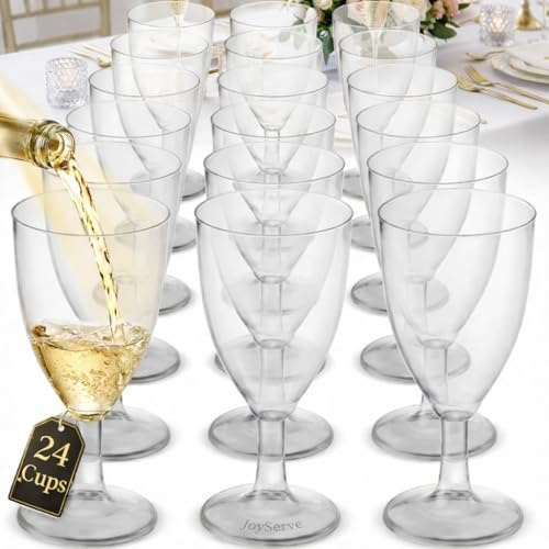 JoyServe 24 Plastic Wine Glasses Disposable - 7 Oz Clear BPA-Free Plastic Glasses with Stem, Reusable Party Wine Cups for Outdoor Parties, Weddings, Toasts, Drinks, Catering (Bulk Pack of 24)