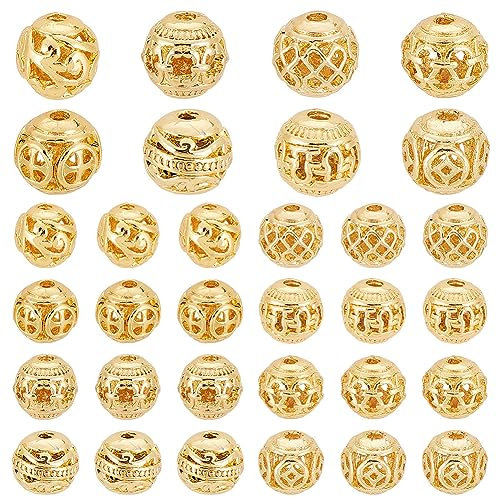 PH PandaHall 32 Stück Goldene Runde Perlen 18K Vergoldete Messing Hohlperlen 8mm Filigrane Perlen Metall Abstandsperlen Lose Perlen Für Ohrringe Armbänder Anhänger Taillenketten Halsketten