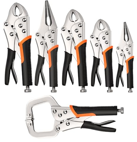 NOEAIKE Locking Pliers Set,6-Pack Vice Grips,5/7/10Curved Jaw Locking Pliers,6-1/2& 9-1/2 Needle Nose Vise Grips and 6 C-Clamp for welding,Metal Bending,Woodworking
