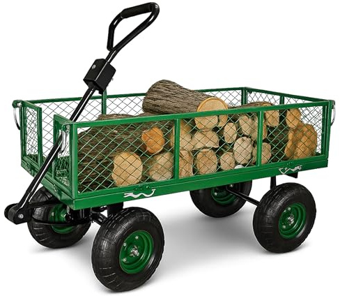 Backyard Expressions Heavy Duty 600 Lbs Capacity Mesh Steel Garden Cart Folding Utility Wagon with Removable Sides and (4) 10 Inch Wheels (Green)