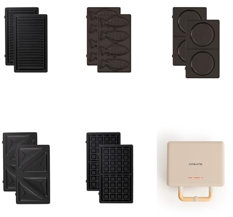 CREATE/STONE STUDIO/Sandwichera-Grill y gofrera doble arena / 5 placas intercambiables: Grill, Gofre, Sandwich, Taiyaki y Tortitas, antiadherente, apertura 100º, autoapagado, retro, 800W