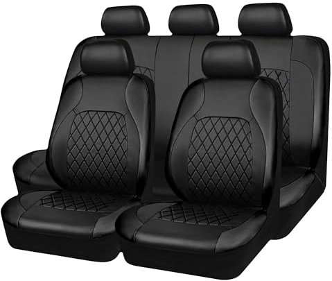 aleawol 9 Pcs Leather Car Seat Covers Full Surround Breathable Automotive Cushion, Car Seat Cover PU Non-slip Easy to Install Clean, Black Full Set High Back Bucket Cover Fit Most Cars