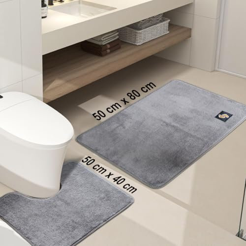 PHP Microfiber Non-Slip Bathroom Rug Set of 2 ((50 x 80 cm + 50 x 40), Super Absorbent and Soft Luxury Shower Shaggy Bath Mat, Grey