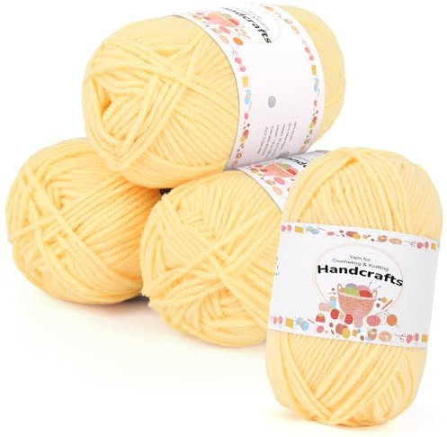 Aeelike 200g(4x50g) Acrylgarn Wolle zum Stricken, 5Ply Häkelwolle Baumwolle zum Häkeln, Cotton Yarn Strickwolle Set für Anfänger, Erfahrene Häkeler, Gelb