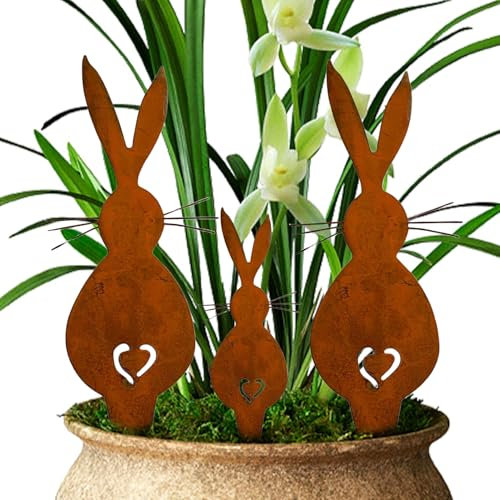 Piquets de Jardin en Forme de Lapin de Pâques, 3 Lapins de Pâques Rouillé Décoration de Jardin, Lapin Rouille Décoration Set, Decoration Lapin de Paques en Métal Set de Piquet de Jardin, pour Jardin