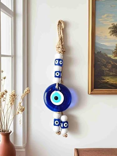 Blue Glass Evil Eye Turkish Greek Nazar Amulet Good Luck Charm - Handmade Hanging Ornament for Home, Office, Car Decoration, Garden, Blessing Ornament, Reflects Negative Energy (Large)
