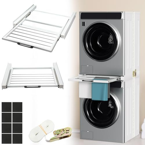 Jaxguom Telaio intermedio per asciugatrici, capacità di carico 100 kg, set impilabile con portasciugamani, telaio di collegamento per lavatrice e asciugatrice con corda a cricchetto, bianco