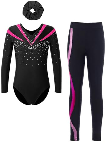 Miaeowve Kids Girls Shiny Rhinestone Gymnastics Costume Long Sleeve V Neck Leotard with Leggings and Hair Band Set Hot Pink 5-6 Years