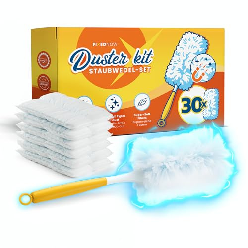 FixedNow 30er XXL Staubmagnet Nachfüllpack Tücher Set für Swiffer Duster I Staubwedel Starterset Kit inkl. Stab & Griff I Staub Wischer Ersatztücher, Refill Staubtücher für Haushalt & Auto